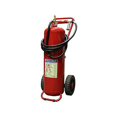 SG00266 Foam Wheeled Extinguisher 50 liters AB (cartridge) Wheeled extinguisher is designed for professional use under severe circumstances, resulting in a high level of quality and ease of use. The cylinder, CE marked, has the welded frame. Ease of mobility is achieved as a result of the large wheels with solid rubber tyres and push bar also ensuring good stability during operation.